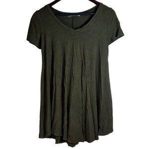 Urban Cleo Olive Green Short Sleeve V-Neck Lagenlook Boho Tunic Top Size Medium